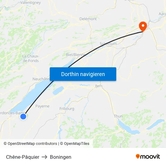 Chêne-Pâquier to Boningen map