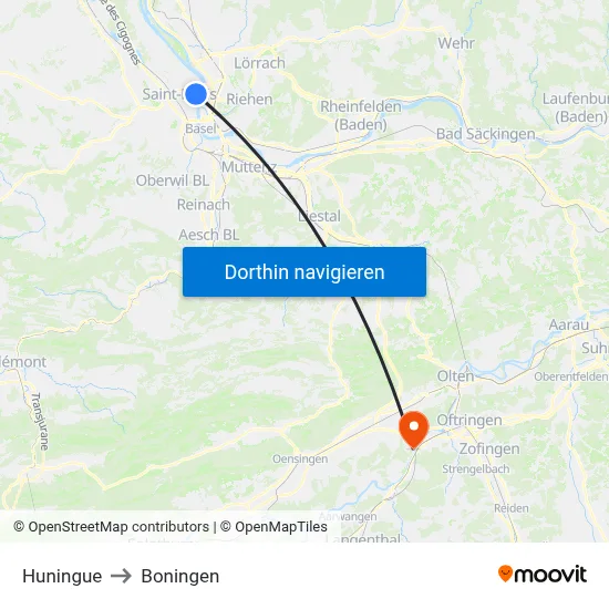 Huningue to Boningen map
