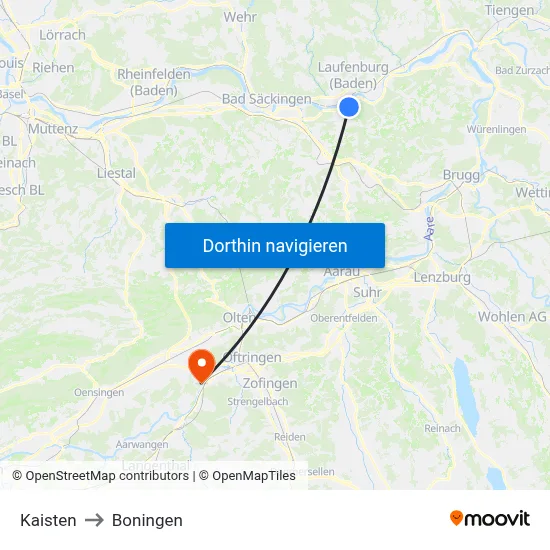 Kaisten to Boningen map