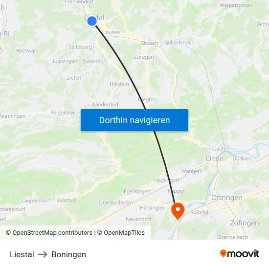 Liestal to Boningen map