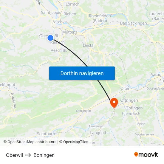 Oberwil to Boningen map