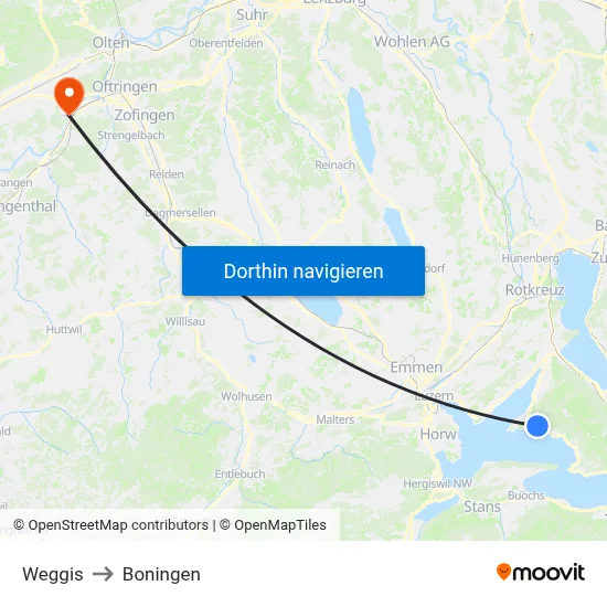 Weggis to Boningen map