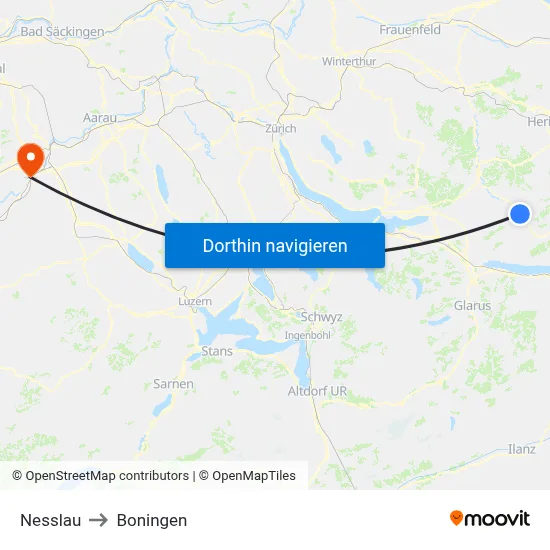 Nesslau to Boningen map