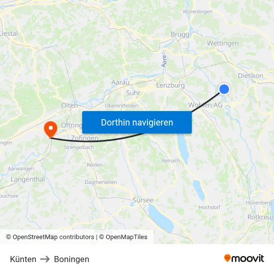 Künten to Boningen map