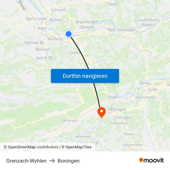 Grenzach-Wyhlen to Boningen map