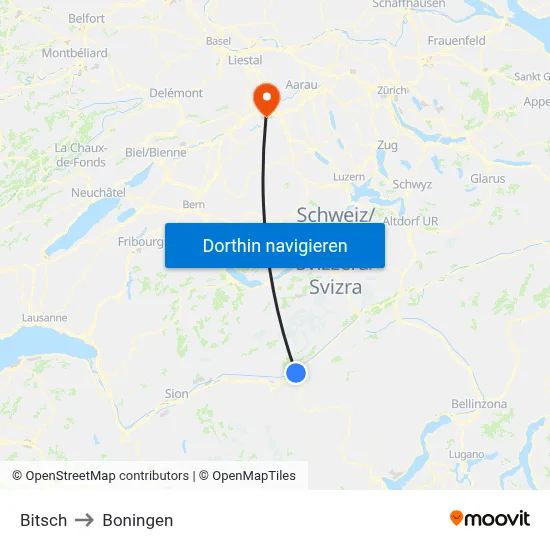 Bitsch to Boningen map
