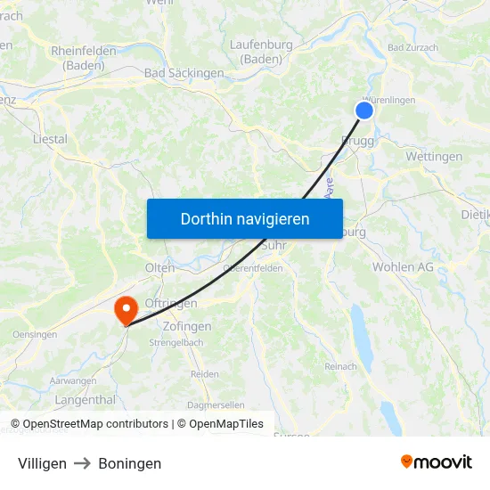 Villigen to Boningen map