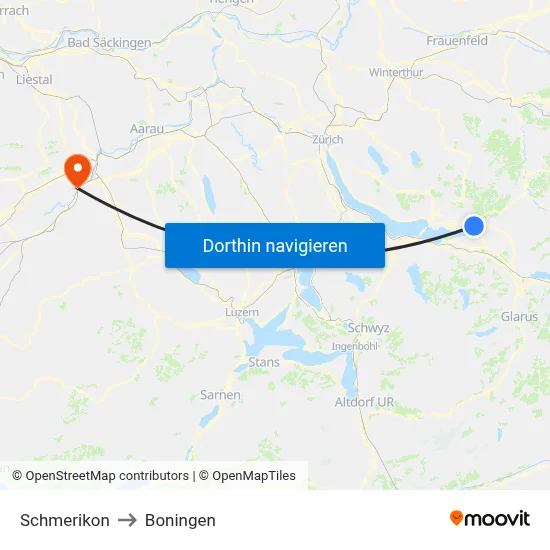 Schmerikon to Boningen map