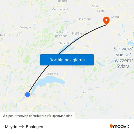 Meyrin to Boningen map