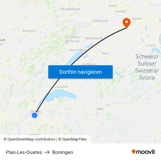 Plan-Les-Ouates to Boningen map