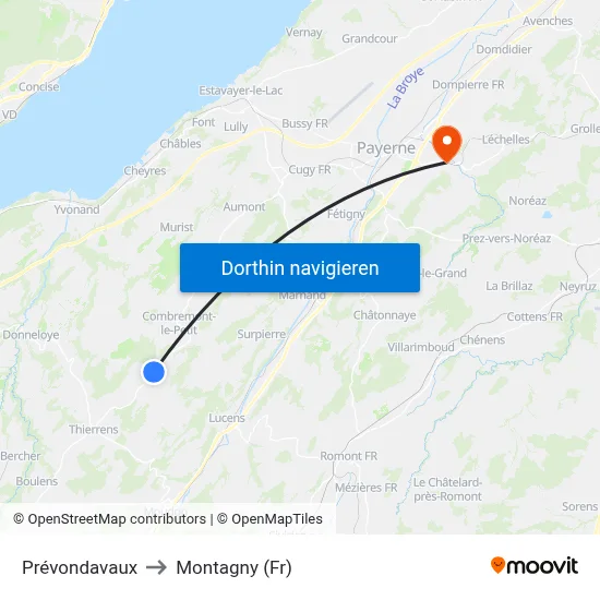 Prévondavaux to Montagny (Fr) map