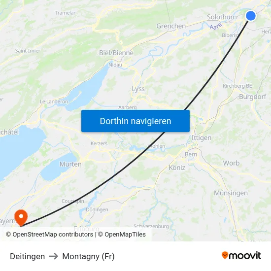 Deitingen to Montagny (Fr) map