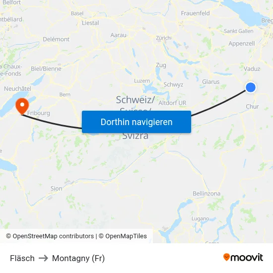 Fläsch to Montagny (Fr) map
