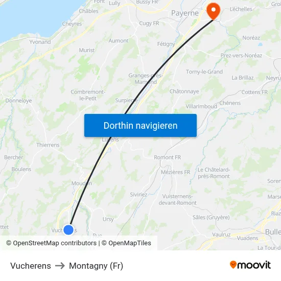 Vucherens to Montagny (Fr) map