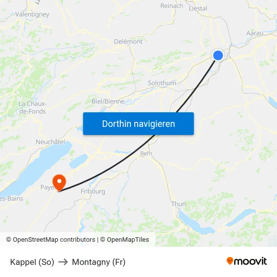Kappel (So) to Montagny (Fr) map