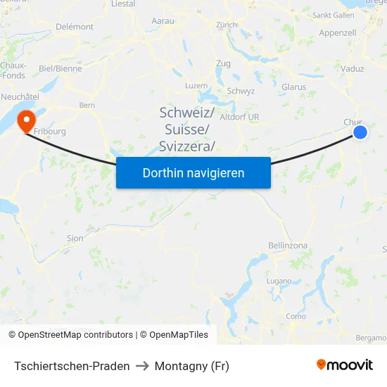 Tschiertschen-Praden to Montagny (Fr) map