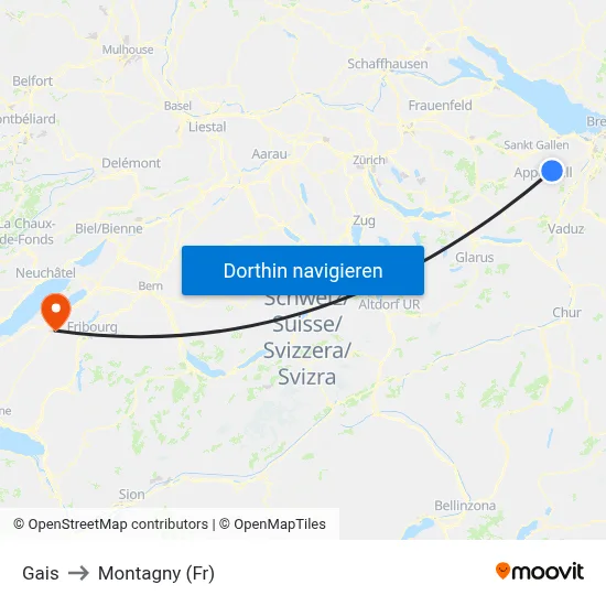 Gais to Montagny (Fr) map