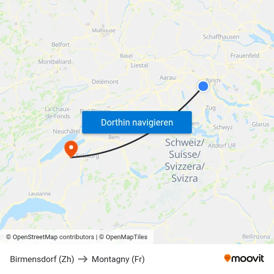 Birmensdorf (Zh) to Montagny (Fr) map
