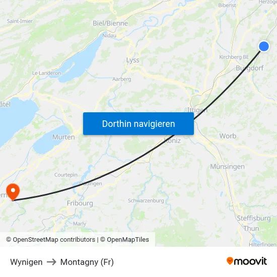 Wynigen to Montagny (Fr) map