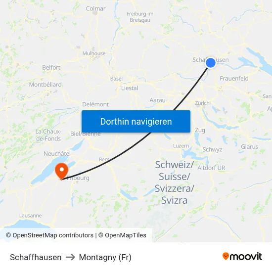 Schaffhausen to Montagny (Fr) map