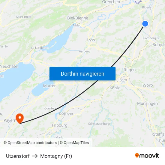 Utzenstorf to Montagny (Fr) map