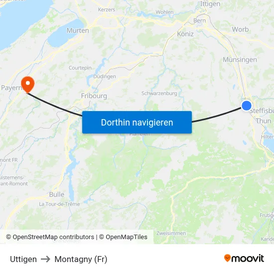 Uttigen to Montagny (Fr) map