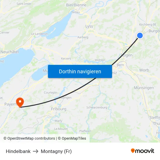 Hindelbank to Montagny (Fr) map