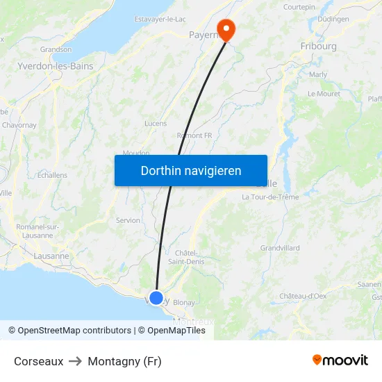 Corseaux to Montagny (Fr) map