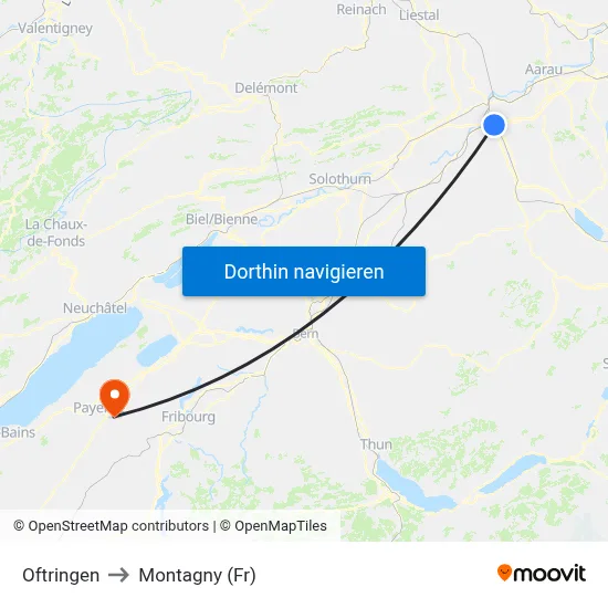 Oftringen to Montagny (Fr) map