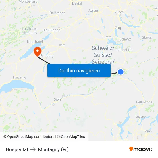 Hospental to Montagny (Fr) map
