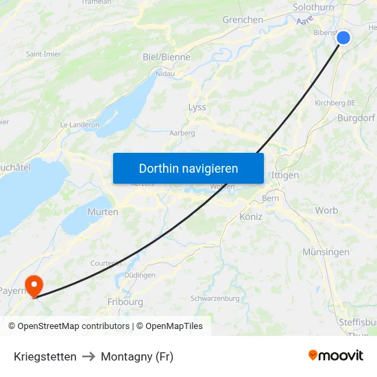 Kriegstetten to Montagny (Fr) map
