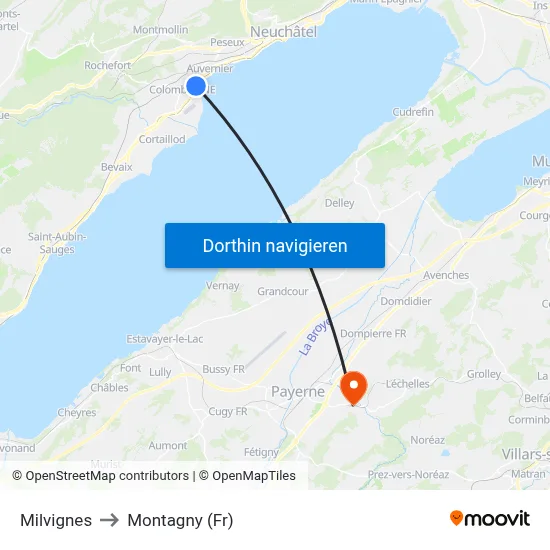Milvignes to Montagny (Fr) map