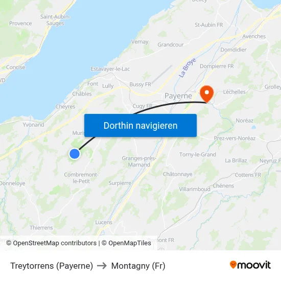 Treytorrens (Payerne) to Montagny (Fr) map