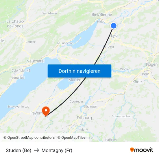 Studen (Be) to Montagny (Fr) map
