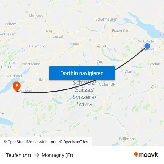 Teufen (Ar) to Montagny (Fr) map