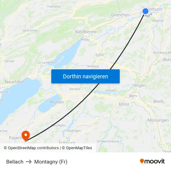 Bellach to Montagny (Fr) map