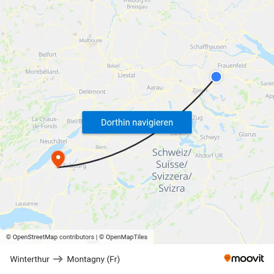 Winterthur to Montagny (Fr) map