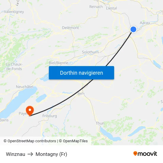 Winznau to Montagny (Fr) map