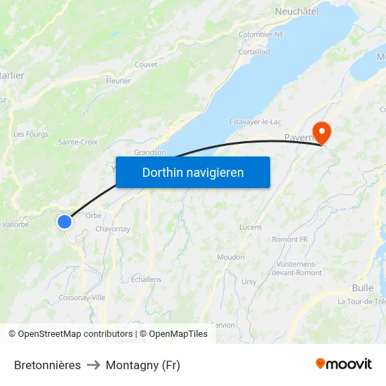 Bretonnières to Montagny (Fr) map