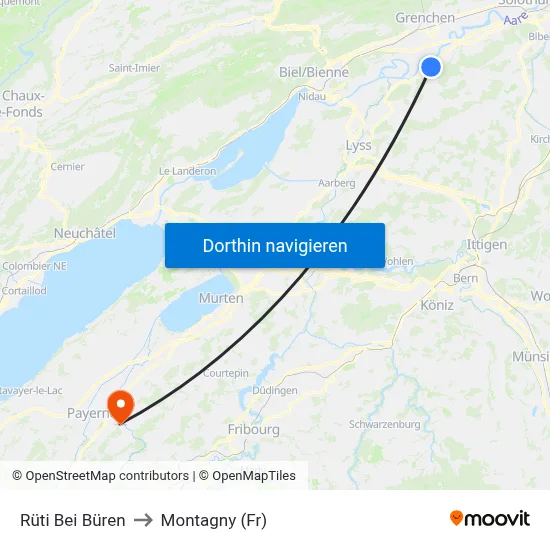 Rüti Bei Büren to Montagny (Fr) map