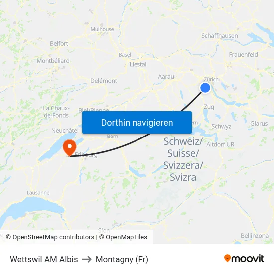 Wettswil AM Albis to Montagny (Fr) map