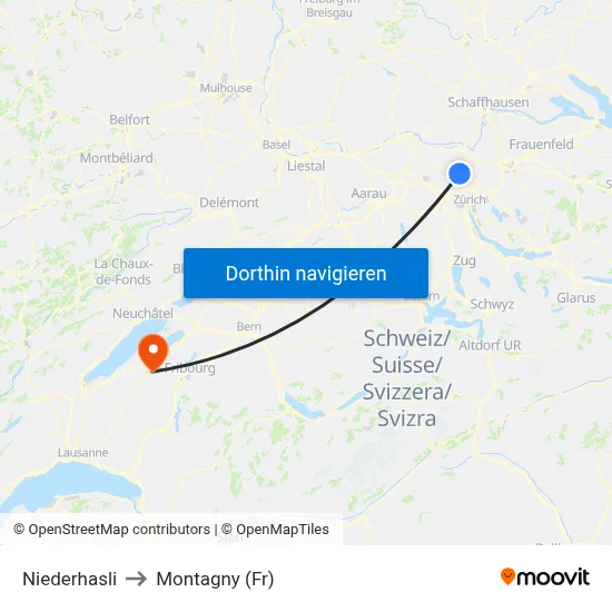 Niederhasli to Montagny (Fr) map