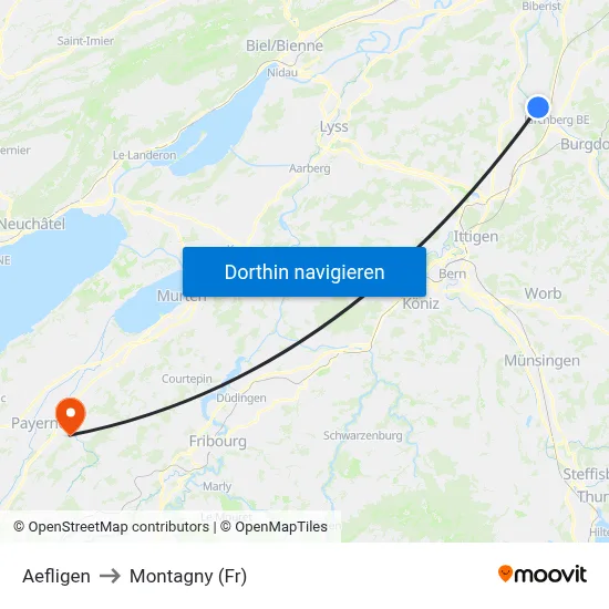 Aefligen to Montagny (Fr) map