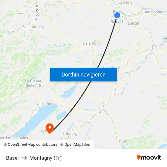 Basel to Montagny (Fr) map