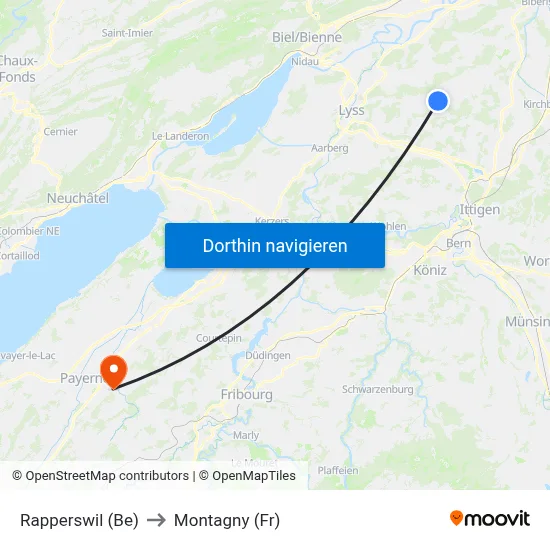 Rapperswil (Be) to Montagny (Fr) map
