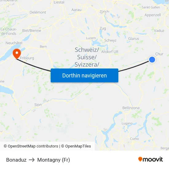 Bonaduz to Montagny (Fr) map