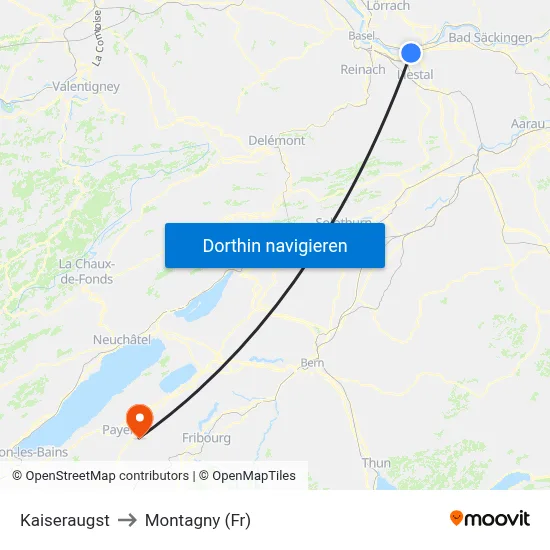 Kaiseraugst to Montagny (Fr) map
