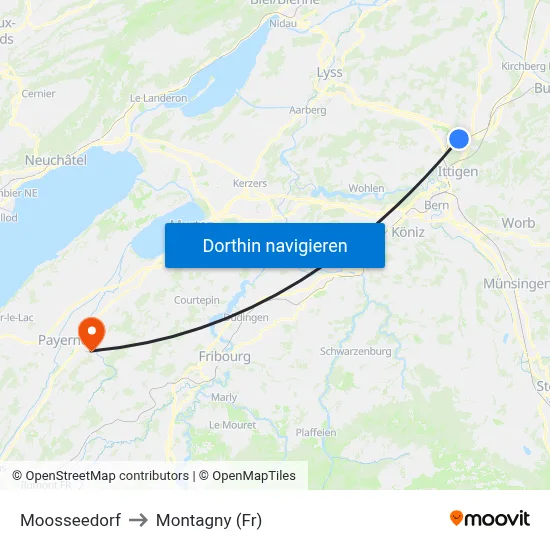 Moosseedorf to Montagny (Fr) map