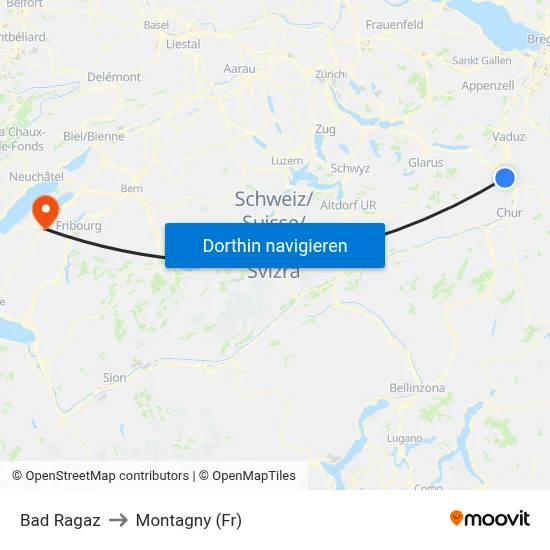 Bad Ragaz to Montagny (Fr) map