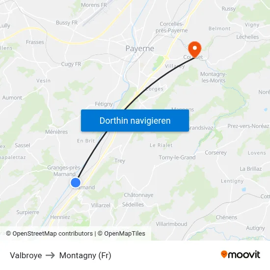 Valbroye to Montagny (Fr) map